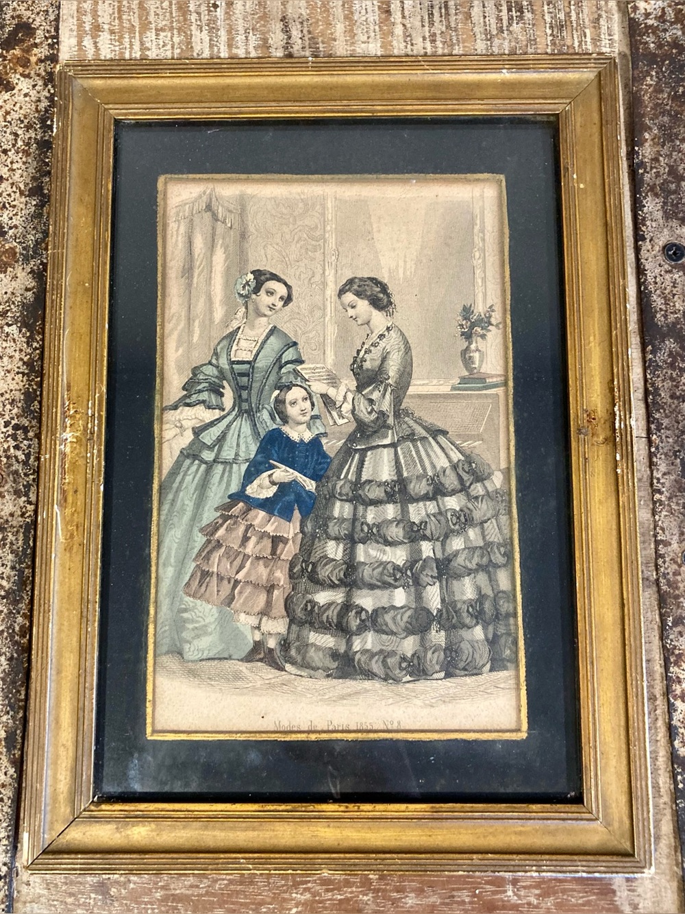 Vintage French Fashion Print “Modes De Paris 1855 No 8” in Gold Tone Frame